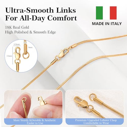 18k Gold Plated Sterling Silver Snake chain Necklace for Women, 925 Silver 1.5mm Cable Snake chain Necklace Thin & Dainty & Sturdy Wear Special Occasions & Gifts,14/16/17/18/20/22/24 Inches - color: Yellow Gold, size: 18 Inch (Women's Average Length)