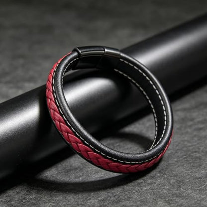 Italian Handmade Leather Bracelets for Men - color: Black Red, size: 8.2"