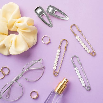 Faux Pearl Safety Pins, 10pcs 2.76inch Sweater Shawl Clip Brooch Pins with 7pcs Pearl Beads for Women Clothing Dress Pants Skirt Waist Pants Extender Dressing Accessories (Gold and Silver)