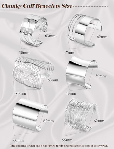 REVOLIA 6Pcs Chunky Cuff Bracelets Set for Women Minimalist Irregular Statement Wrist Cuff Adjustable Hammered Bangles Bracelets Open Wide Wire Arm Cuff Bracelet - color: Silver-A