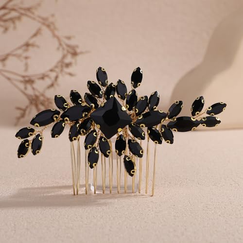 Square Rhinestone Hair Comb Silver Gold Rhinestone Wedding Headpiece Handmade Crystal Bridal Hair Comb Bridal Hairpiece for Brides Bridesmaid (gold black) - color: gold black