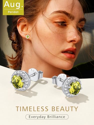 FindChic Birthstone Earrings for Women, Round/Heart/Square/Teardrop Earrings with 925 Sterling Silver Posts & Push Backs, Hypoallergenic Studs with Cubic Zirconia, 12 Months Jewelry with Gift Box - style: 08. August-Peridot (Round)