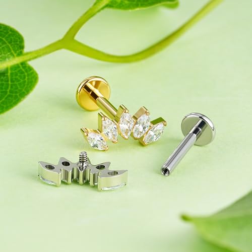 FINE4U 1PC ASTM F136 Titanium 16G Flatback Stud for Tragus, Helix, Conch 6mm 8mm - Screw on Cartilage Earring Piercing Jewelry - color: Five Marquise - Clear CZ - Tit