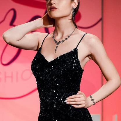EVER FAITH Crystal Flower Wedding Prom Jewelry Set for Bride Bridesmaid | Rhinestone Costume Party Y-Shaped Necklace Dangle Earrings Bracelet, for Women - color: Black Black-Tone