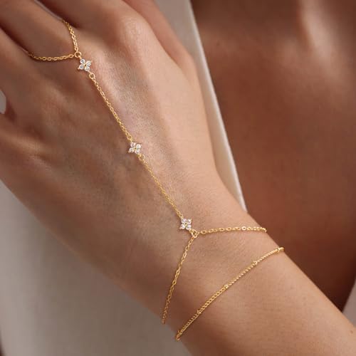 Mothers Day Gifts 14K Gold Plated Hand Chain Bracelet for Women, Stackable Gold/Silver Finger Ring Bracelet Hand Chain Dainty Non Tarnish Waterproof CZ Satellite Bead Link Adjustable Jewelry - color: Gold-Style 4