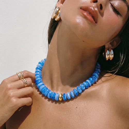 Chunky Colorful Choker Necklace for Women - Summer Beach Round Resin Beads Necklace, Trendy Statement Summer Beach Jewelry Birthday Gifts for Vacation Holiday - color: 18mm Lake Blue Bead