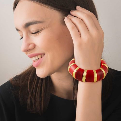 YBMYCM Acrylic Chunky Bangles Bracelets for Women Resin Gold-plated Stackable Stretch Bracelet Wide Wristbands Gift Jewelry - color: Red