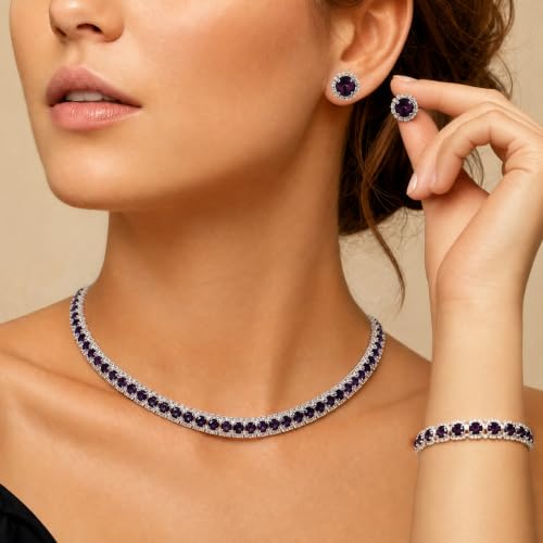 Women Rhinestone Crystal Jewelry Set Crystal Tennis Design Rhinestone Choker Necklace Link Bracelet Teardrop Earrings Set Wedding Bridal Bridesmaids Party - color: Silver Plated Purple Crystal