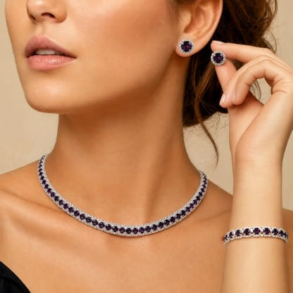 Women Rhinestone Crystal Jewelry Set Crystal Tennis Design Rhinestone Choker Necklace Link Bracelet Teardrop Earrings Set Wedding Bridal Bridesmaids Party - color: Silver Plated Purple Crystal