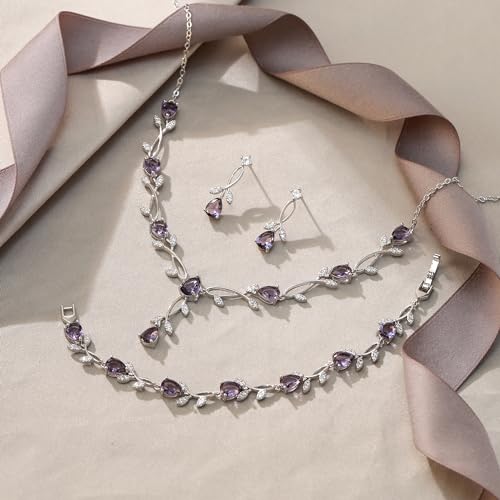 EVER FAITH Cubic Zirconia Pearl Leaf Bridal Jewelry Set for Bride Women | White Wedding Prom Necklace Dangle Earrings Bracelet, for Bridesmaid - color: CZ_Purple Silver-Plated-Brass