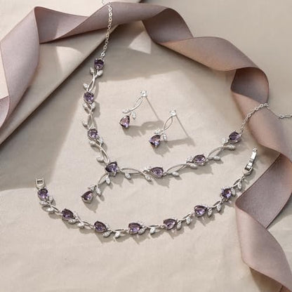 EVER FAITH Cubic Zirconia Pearl Leaf Bridal Jewelry Set for Bride Women | White Wedding Prom Necklace Dangle Earrings Bracelet, for Bridesmaid - color: CZ_Purple Silver-Plated-Brass