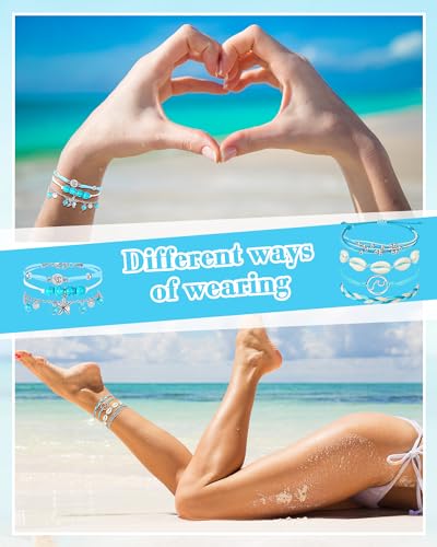 Hicarer 21 PC Surfer Wave Friendship Bracelet Set Waterproof Adjustable Boho Beach String Anklets Bulk, Summer Gift for Women - style: Blue Series