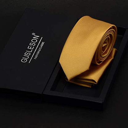 GUSLESON 2.4" Slim Necktie and Handkerchief Set For Men Solid Skinny Tie Set - color: Goldenrod