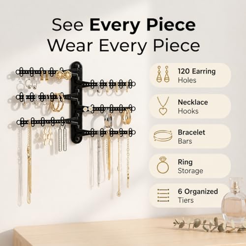 6-Tier Hanging Wall Jewelry Organizer, Earring, Necklace, Ring Holder-Black | Large Capacity with 120 Earring Holes, Rotating Branches, Includes 3M Command Strips, Bracelet, Ring & Necklace Storage - color: 6-Tier Midnight Black