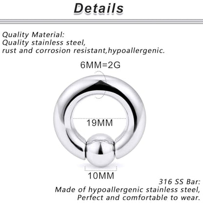 12G 10G 8G 6G 4G 2G 0G 00G Large Septum Rings Gauges Earrings Hoops 316L Surgical Steel Spring Action Captive Bead PA Ring CBR Septum Nose Rings Piercing Jewelry for Women Men - color: Silver, size: 2G=6mm Inner Dia: 3/4" (19mm)