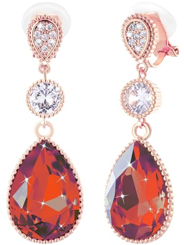 Clip On 18 * 13MM Big Crystal Dangle Non Pierced Earrings for Women 14K Gold Plated Jewelry - color: Jul-Ruby-Rose Gold Plated