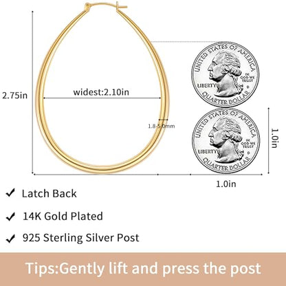 Gacimy Chunky Hoop Earrings for Women, 14K Gold Plated Oval Hoop Earrings with 925 Sterling Silver Post - color: Gold, size: 70mm