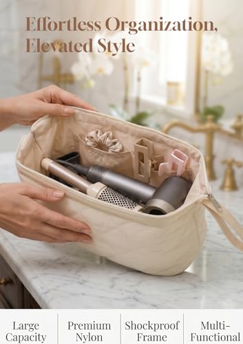 TeeYee Nylon Hair Tools Travel Bag for Dyson Airwrap Quilted Toiletry Bag | Travel Storage Bag for Shark Flexstyle/Curling Iron,Water-repellent,Wide-open,Well-structured,Heat-safe lining,001khaki - color: Khaki
