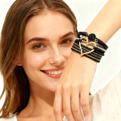 Leather Wrap Bracelets for Women, Boho Leopard Multi-Layer Crystal Beads Cuff Jewelry - color: J-Warp-018