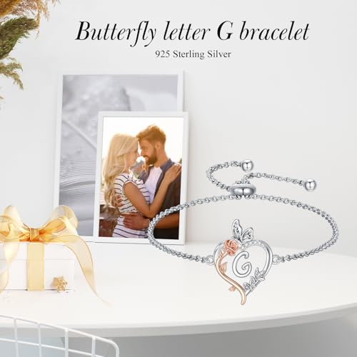 TOUPOP Gifts for Women Rose Heart Initial Bracelet 925 Sterling Silver Butterfly Letter Link Bracelet Love Jewelry Anniversary Birthday Gifts for Wife Girlfriend Mom Her - style: Initial G