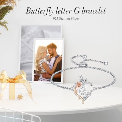 TOUPOP Gifts for Women Rose Heart Initial Bracelet 925 Sterling Silver Butterfly Letter Link Bracelet Love Jewelry Anniversary Birthday Gifts for Wife Girlfriend Mom Her - style: Initial G