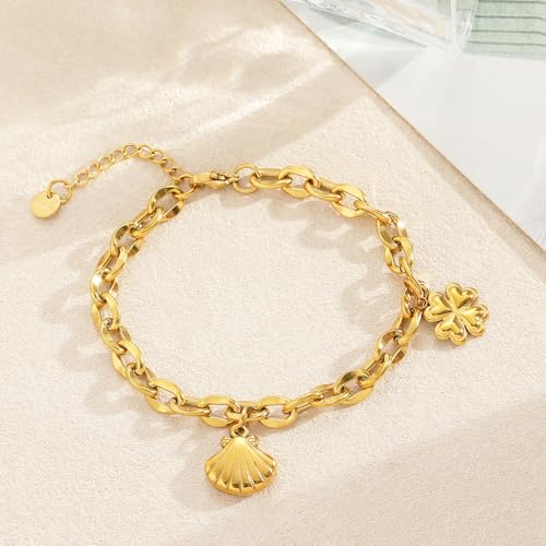10 PCS Bracelets for Women Stainless Steel Chain Link Bracelet Set | 6.7 Inches with Extender, Jewelry Gifts for DIY, Chains Bulk, Oval, Curb, Figaro Chains, 18K Gold Plated, Silver, Chunky - color: Lip Gold
