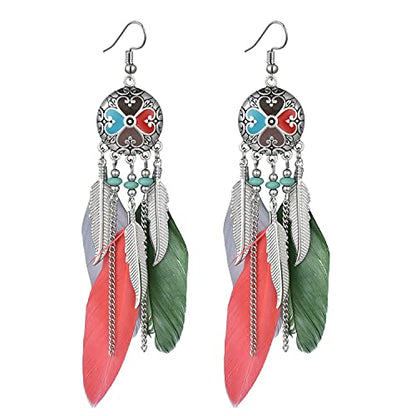 Dreuyet Boho Long Feather Drop Dangle Earrings for Women Retro Bohemian Ethnic Fringe Multicolor Tassel Feather Earring Handmade Statement Dream Catcher Earrings Jewelry - color: Lightcolor Round Heart