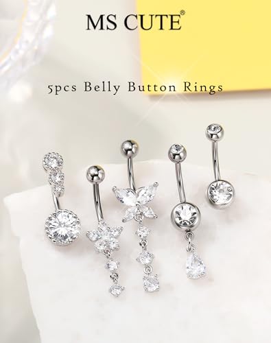 5PCS Belly Button Rings for Women Girls, 14G Surgical Steel Navel Rings Set, Gold & Silver CZ Dangle Body Piercing Jewelry - color: Silver-Butterfly