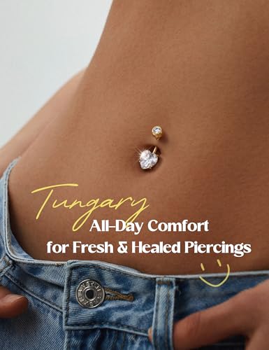 Tungary G23 Titanium Belly Button Rings for Women 14G Internally Threaded | Hypoallergenic Long Navel Piercing Jewelry, 3/8" Implant Grade Dangle Belly Button Piercing, 5A CZ, with Vacuum PVD Finish - color: Heart: 14K Gold Plated