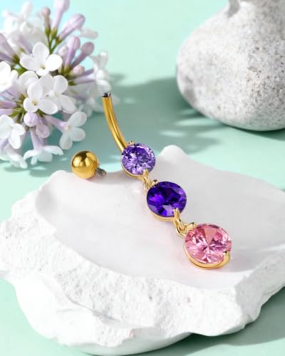 Cute Dangly Opal Belly Button Rings 14g 316L Stainless Steel Dangle Navel Rings for Women Belly Button Piercing Dangling Navel Bar - color: Purple CZ