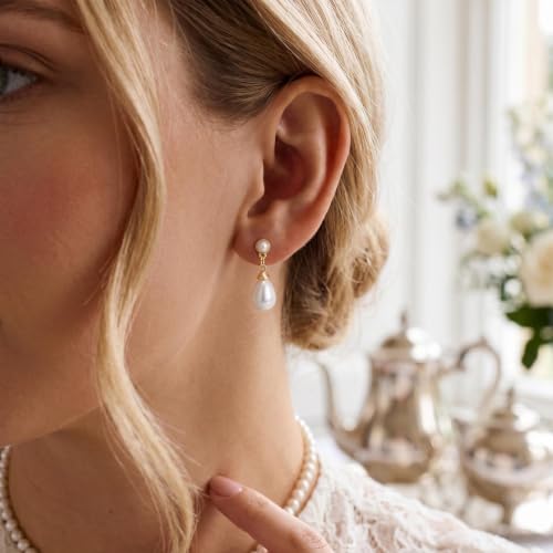 Plenky Pearl Earrings-14K Gold Plated Dainty Pearl Drop Simple Wedding CZ Dangle Dangling Cute Stud Earrings for Brides Earrings for Women Gifts - style: G-Pearl Earrings