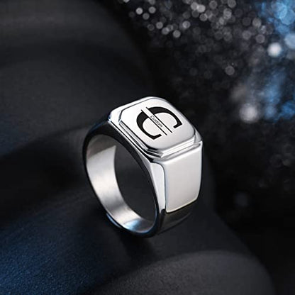Initial Ring Letter Signet Ring for Men Women Personalized Name Engraved Stainless Steel Fashion Jewelry Wedding Couples Father Day Gift with Ring Size Adjusters - color: A2: Silver (Initial Name)