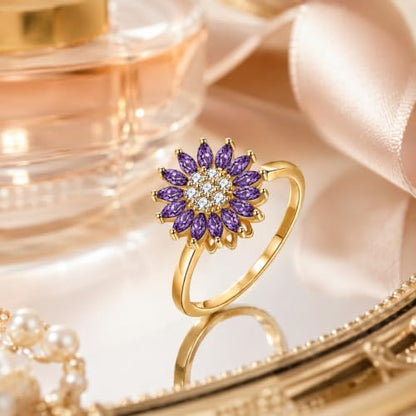 Sunflower Fidget Ring for Women Gold Anxiety Crystal Rings Cubic Zirconia Sunflower Open Adjustable Fidget Ring Spinner Sun Ring for Men Trendy Jewelry - color: Gold Purple