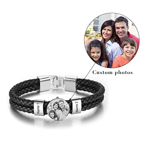 Personalized Braided Leather Bracelet with Photo Custom Name Beads Cuff Bangle Jewelry Gifts for Men Dad Husband Grandpa Fathers Day - color: 2 Names