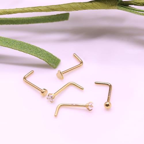 3 Pcs 14K Gold Filled Nose Studs 20G Stainless Steel Stud Nose Ring 2mm/2.5mm/3mm Round CZ L Bend Nose Stud Hypoallergenic Nose Piercing - color: gold 5
