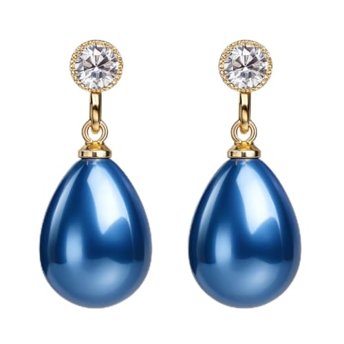 Pearl Clip on Earrings for Women - 14K Gold Silver Plated Cubic Zirconia Non Pierced Ear Clips Jewelry Gifts for Wedding Bridal Party Gifts - color: Dark Blue-10mm