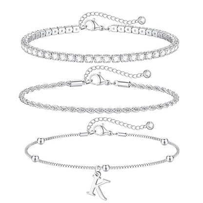 Gold Bracelets for Women Girls - Dainty Gold/Silver Bracelet Stack Jewelry Set Personalized Initial Bracelets Cute Stackable Rope Box Chain Tennis Bracelets Gifts for Women Teen Girl Gifts - color: K-Silver