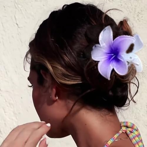 Flower Hair Clips for Women Claw Clips Summer Fashion Hair Accessories with Purple Gradient Cute Plumeria Design Barrettes Hold Hair in Place for Thick Thin Hair(3Pcs: 1 large 2 small) - color: Purple