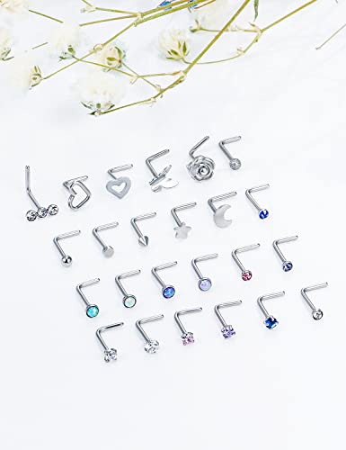 20G 18G 16G Cubic Zirconia Nose Rings Studs 316L Surgical Steel Hypoallergenic Nose Piercings Jewelry for Women Men CZ 2mm-3mm 24 Pcs - color: A:20G L Shaped + Silver Tone