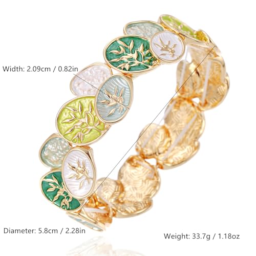 LUREME Oval Enamel Leaf Bracelet, Earth Tone & Jade Green Stretch Cuff, 3D Gold Branch Design, Elastic Bangle for Women, Nature-Inspired Jewelry(bl003693) - color: Green & Blue Nature Tones