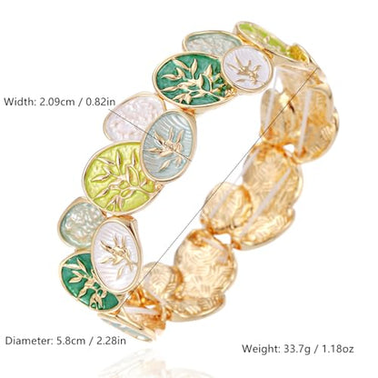 LUREME Oval Enamel Leaf Bracelet, Earth Tone & Jade Green Stretch Cuff, 3D Gold Branch Design, Elastic Bangle for Women, Nature-Inspired Jewelry(bl003693) - color: Green & Blue Nature Tones
