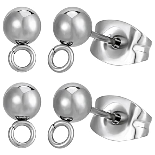Beebeecraft 100Pcs Stainless Steel Ball Stud Earring Findings 4mm Ball | Non Tarnish, Ball Earrings Posts with Loop, 100Pcs Ear Nut, Metal Earring Components for Jewelry Making - color: Stainless Steel Color