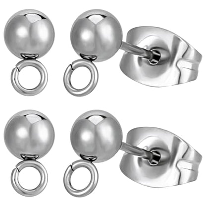 Beebeecraft 100Pcs Stainless Steel Ball Stud Earring Findings 4mm Ball | Non Tarnish, Ball Earrings Posts with Loop, 100Pcs Ear Nut, Metal Earring Components for Jewelry Making - color: Stainless Steel Color
