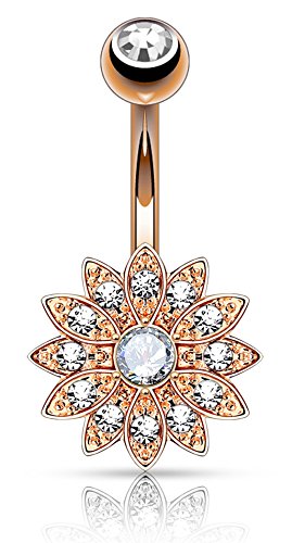 Forbidden Body Jewelry Surgical Steel Crystal Paved Petite Flower Belly Ring with Crystal Center - color: Rose Gold Tone/Clear