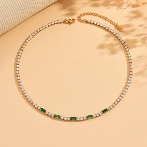 Tennis Necklaces for Women 18K Gold Plated White Red Green Blue Cubic Zirconia Necklaces Dainty Rhinestone Choker Necklaces Trendy Faux Diamond Tennis Chain 3mm - color: Green Tennis Choker-Gold