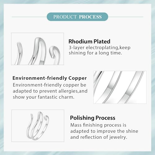 Silver Open Adjustable Stacking Rings for Women, Minimalist Wrap Band Set, Geometric/Heart/Wave/Leaf/Spiral Styles, Hypoallergenic, Gift Box Included, Thumb Ring Option - color: Simple Lines