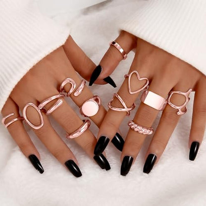 FAXHION 12PCS Gold Stackable Rings Set for Women, 18K Gold Plated Open Stacking Knuckle Ring, Adjustable Chunky Signet Band Statement Ring for Gift - color: 1-Rose-12pcs