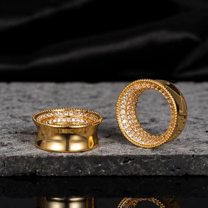 Vankula 2 Pcs Ear Gauges 0g(8mm)-5/8"(16mm) High Polish Single Flare Ear Tunnels 5A Cubic Zirconia Hypoallergenic Plugs for Stretched Ears Tapered Wedding Gift Body Jewelry - color: Gold, size: 8mm(0G)