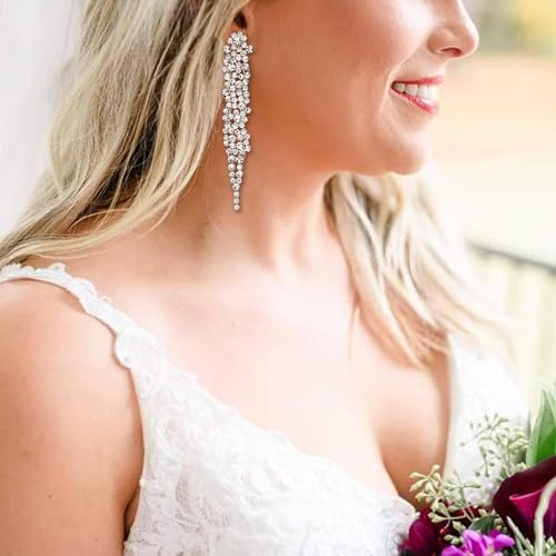 EVER FAITH Rhinestone Crystal Art Deco Statement Clip-on Earring, Wedding Prom Long Chandelier Dangle Earrings for Women - color: Clear Silver-Tone