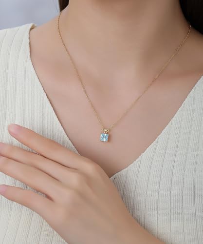 18K Gold-Plated Non Tarnish Birthstone Necklace for Women, 5A Princess Cut Cubic Zirconia Pendant, Birthday Anniversary Valentine's Gift, 18-20 Inches - color: 3-Mar-Light Sea Blue